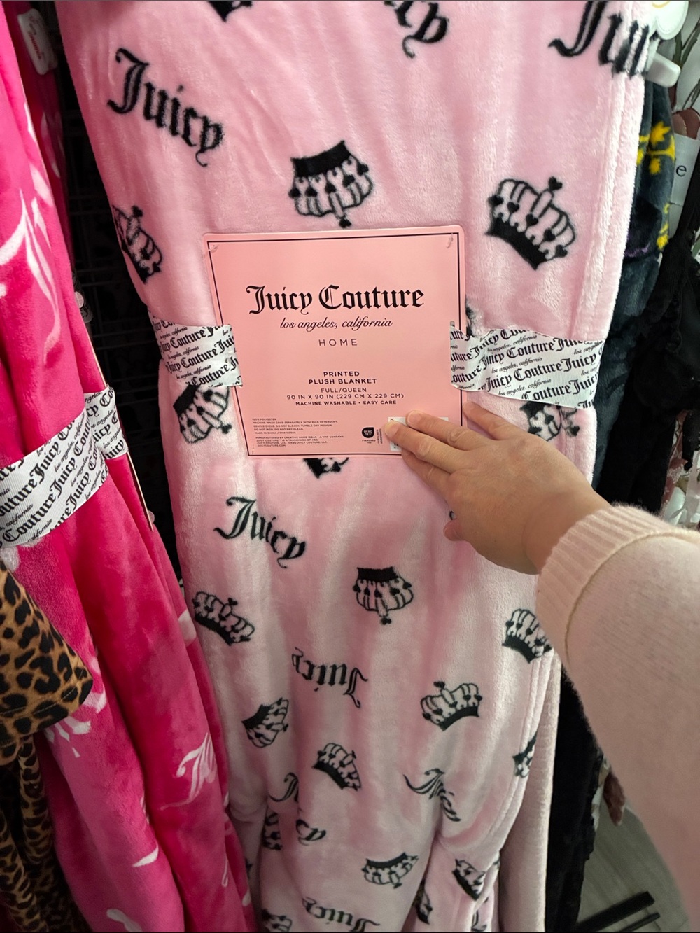 Juicy Couture Pink Plush Throw Blanket with Black Logo & Crown Print